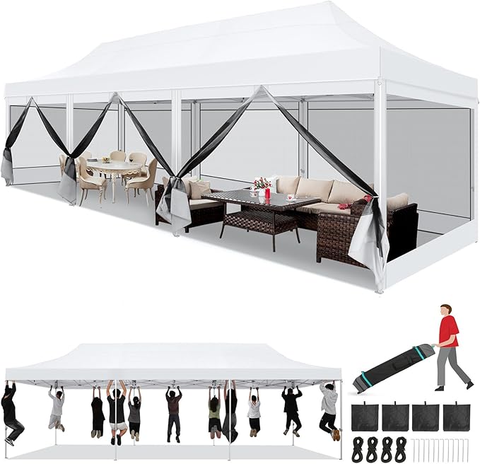 COBIZI 10x30 Heavy Duty Pop Up Canopy with 8 Sidewalls, Commercial Gazebo Party Tent with Mosquito Netting Wall Easy Set Up Outdoor Instant Screen Tent for Backyard, Patio, Garden, White