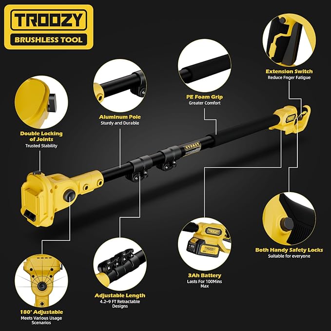 2-in-1 Cordless 6" Pole Saw & Chainsaw, 21V 3Ah Battery, 7.7lb Lightweight, 15ft Max Reach, Rotatable - For Tree Trimming