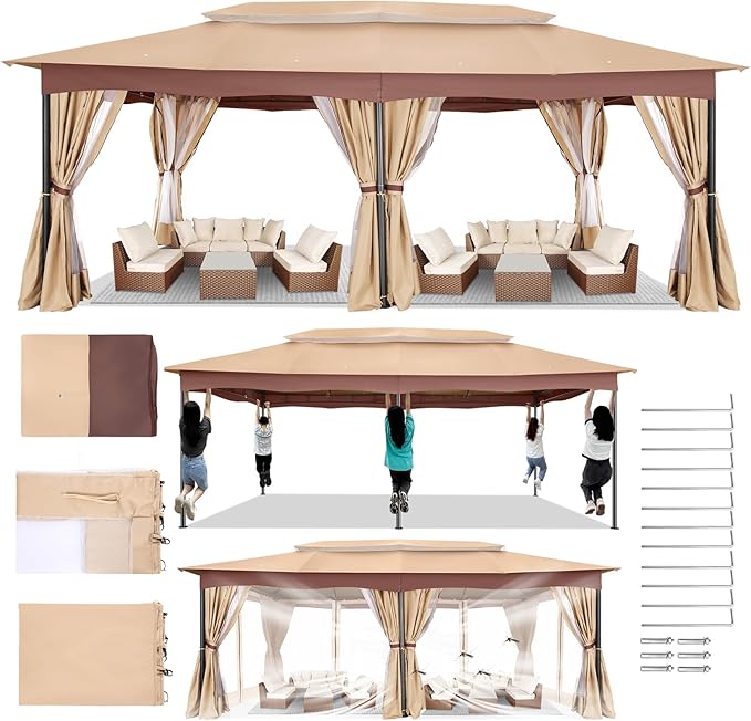 COBIZI Gazebo 12x20 Heavy Duty Gazebos with Curtain and Netting Outdoor Gazebo Canopy Double Roof Patio Gazebos with Metal Steel Frame for Patio, Deck, Backyard (Khaki)