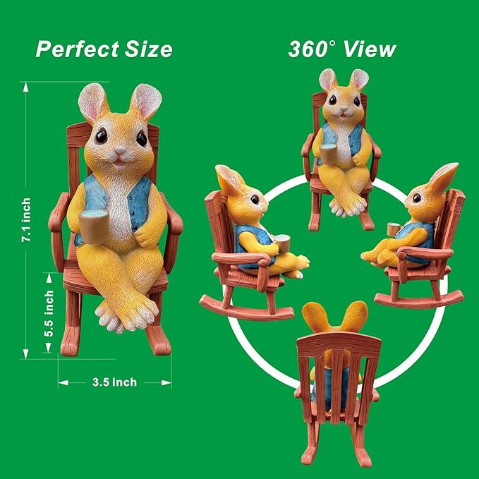 Resin Rocking Chair Bunny Statue - Hand Painted & Fade Resistance & Weatherproof - Long Durability for Indoor and Outdoor - Bunny Figurine with Bright Color & Realistic Details