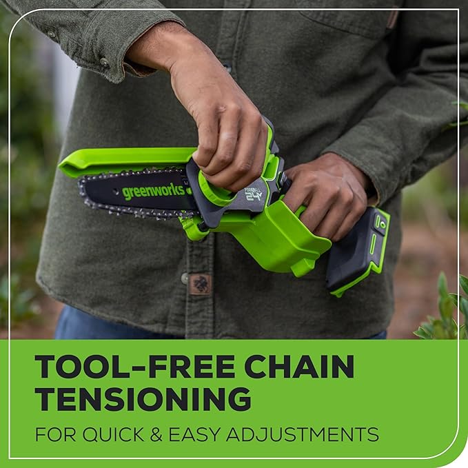 Greenworks 24V 6" Mini Chainsaw Cordless , Small Cordless Handheld Saw, 2.0Ah Battery and Charger Included, for Tree Trimming Wood Cutting, Best Gifts for Dad, Husband