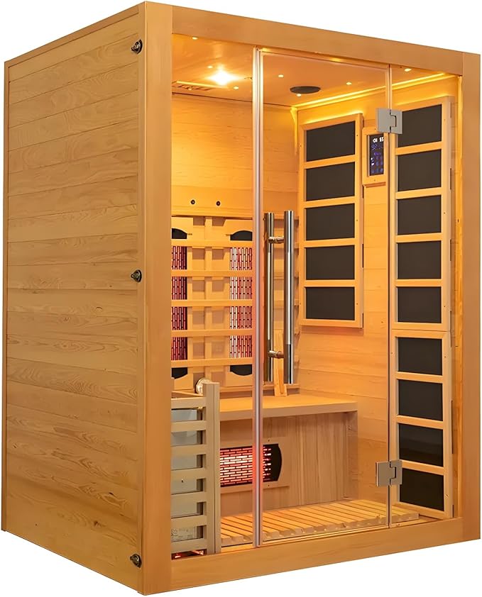 Luxury Dual-System Wood Sauna Room for 3-4 Person, Hybrid Indoor Sauna Spa,Canadian Hemlock, 4.5KW Heater, 195°F Steam+149°F Far Infrared, 10 Heating Elements, 220V, Oxygen Ionizer, 8mm Tempered-grass