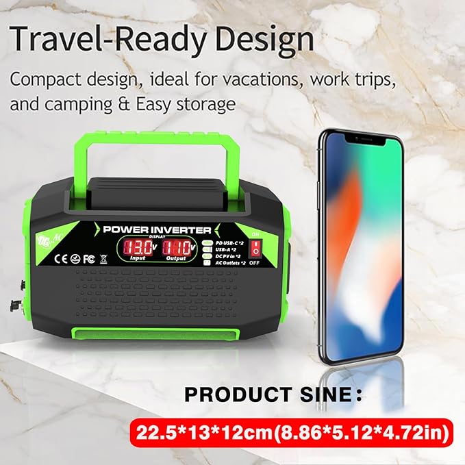 600W Power Inverter, 12V DC to 110V AC Converter with LED Display, 2 AC Outlets, 2 PD 25W Type-C, 2 QC 18W USB-A(4.2A)，2 DC Port, for Road Trips Laptop Computer