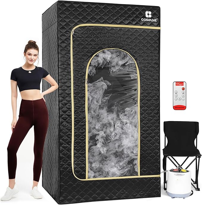 COSVALVE Portable Sauna Box for Home Sauna Steamer with 4L Large Steam Pot, 1600W Fast Heating Full Size Personal Sauna, 16 Levels, Remote Control, Foldable Chair, 2.9' x 2.5' x 5.9'