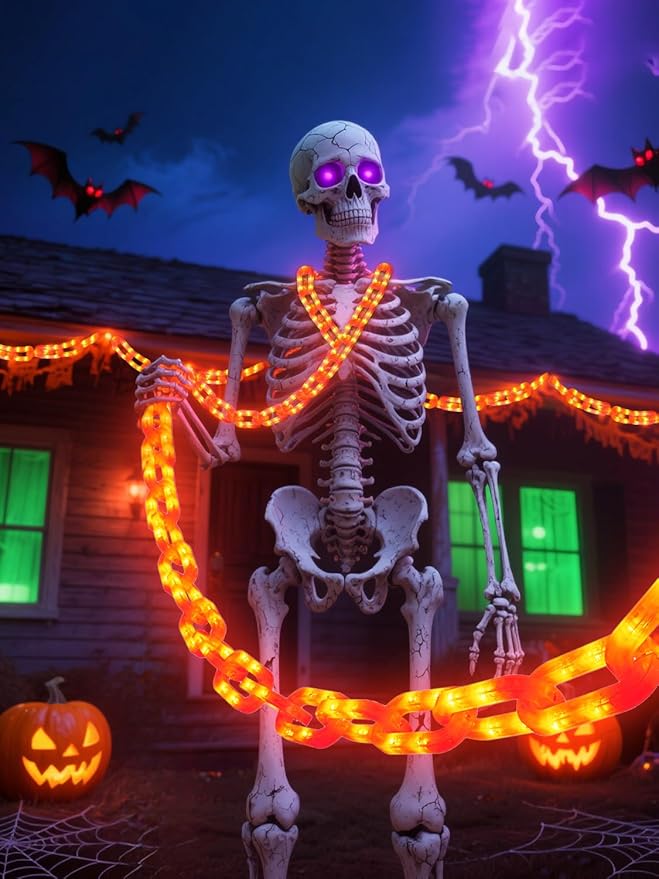 Halloween Chain Lights – 10 Ft 160 LED Orange Plastic Chains, Battery Operated Halloween Decorations with 8 Lighting Modes & Timer, Spooky Haunted House & Party Decor