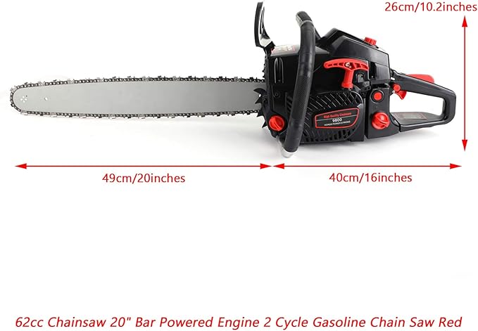 Topteng Gas Chainsaw 20 Inch, 62cc Bar Powered Engine 2 Cycle Gasoline Chainsaw Cutting Wood Gas Sawing Aluminum Crankcase Chain Saw
