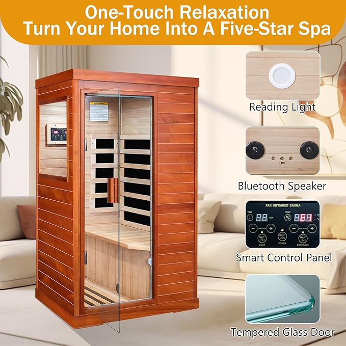 Far Infrared Saunas for Home Sauna Room Wood 800W Indoor Sauna Dry Sauna 110V with Control Panel and Tempered Glass Door, Bluetooth Speakers, Reading Lights and Circulation Vents - 35.2*27.6*61.6 IN