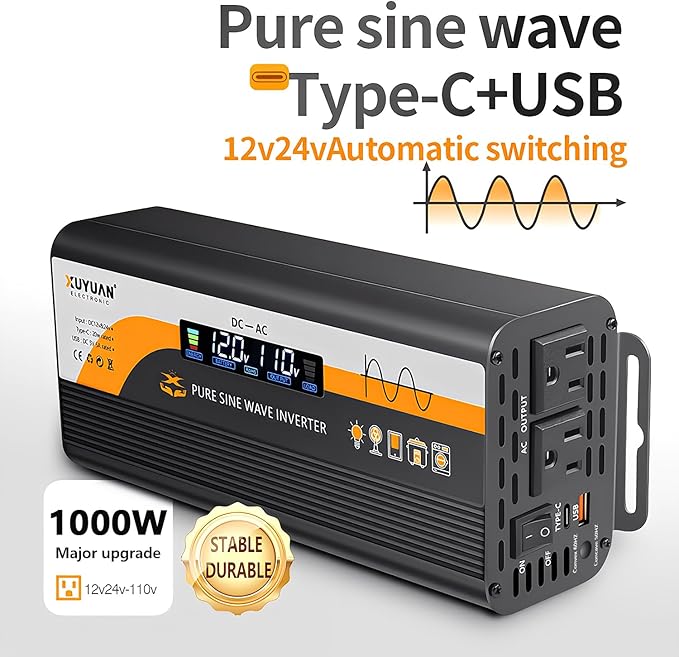 1000W Pure Sine Wave Inverter (2000W Peak), 12V/24V Auto-Detect, 50Hz/60Hz Switchable, LCD Display, Type-C Fast Charging, Silent Design, Overload & Overheat Protection for RV, Home (Black-1000W)