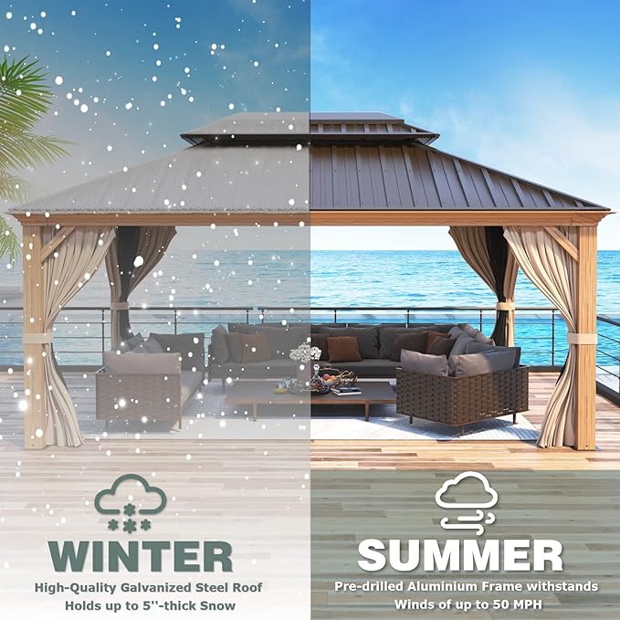 MELLCOM 12'x16' Wood Looking Hardtop Gazebo, Aluminum Frame and Galvanized Steel Double Roof, Metal Outdoor Gazebo with Curtains and Nettings for Deck Backyard and Patio