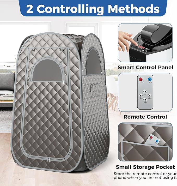 Giantex Portable Sauna, Full Body Steam Sauna w/ 3L Steam Box, Remote Control, Wood Foot Roller & Foldable Chair, Pop-Up Sauna Box for Single Person, Lightweight Personal Sauna Tent for Home (Gray)