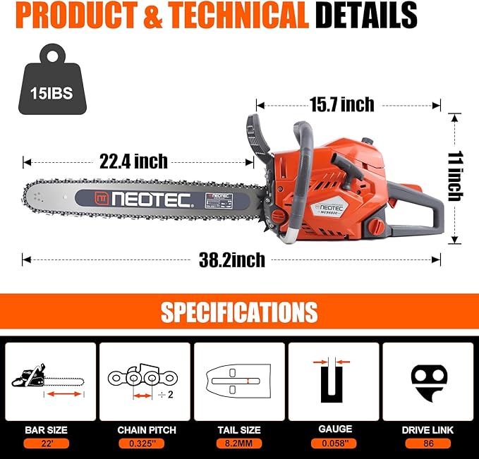 68CC Gas Powered Chainsaw, 22 Inch Chainsaw, 2-Cycle Cordless Handheld Petrol Gasoline Chain Saw for Tree Felling, Forestry Logging, Backyard Storm Cleanup, Farm Wood Cutting