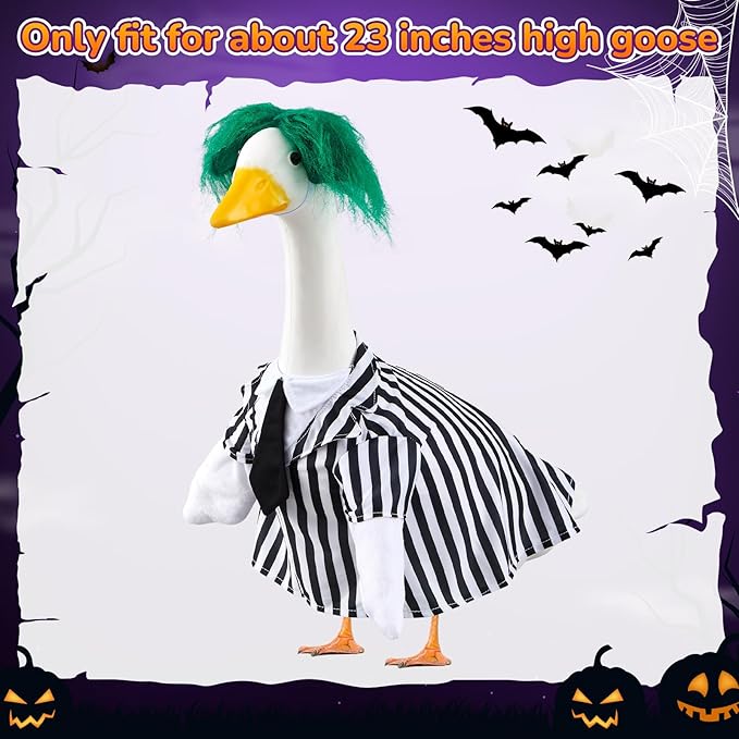 Halloween Porch Goose Outfits Black and White Striped Suit and Wig Movie Clothes for 23 Inch Cement Goose Halloween Costume Outdoor Yard Lawn Garden Patio Decor