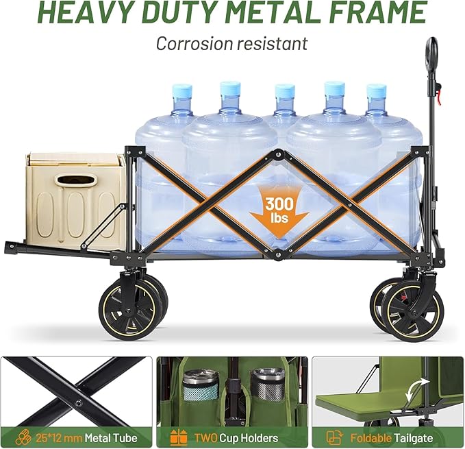 TIMBER RIDGE 49" Extra Long Collapsible Folding Wagon with Tailgate and Brakes, 300lbs Heavy Duty Wagon Carts Foldable, 250L Capacity Portable Cart for Dogs, Garden, Outdoor Camping Sports, Green