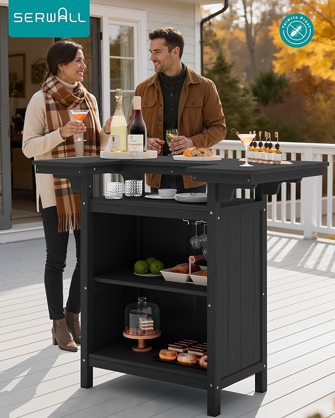 SERWALL Outdoor Bar Table,Patio Bar Cabinet with 4-Tier Storage and Spacious Tabletop for Outside,Poolside, Backyard,Made of HDPE,Black