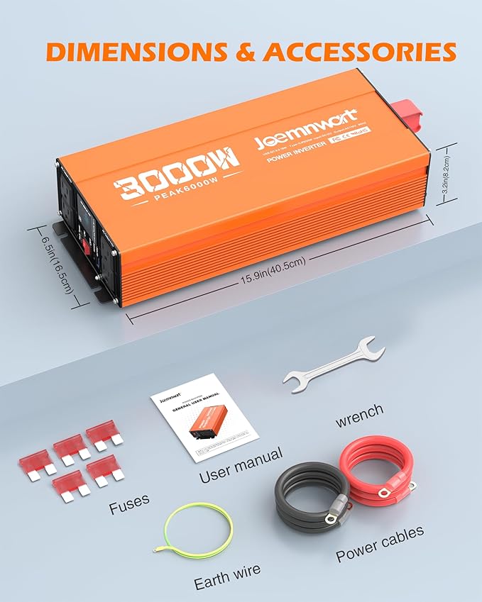 3000W Power Inverter 12V DC to 120V AC Car Converter for RV Truck Inverter with 4 AC Outlets, USB/Type-C Fast Charging Ports, LCD Display