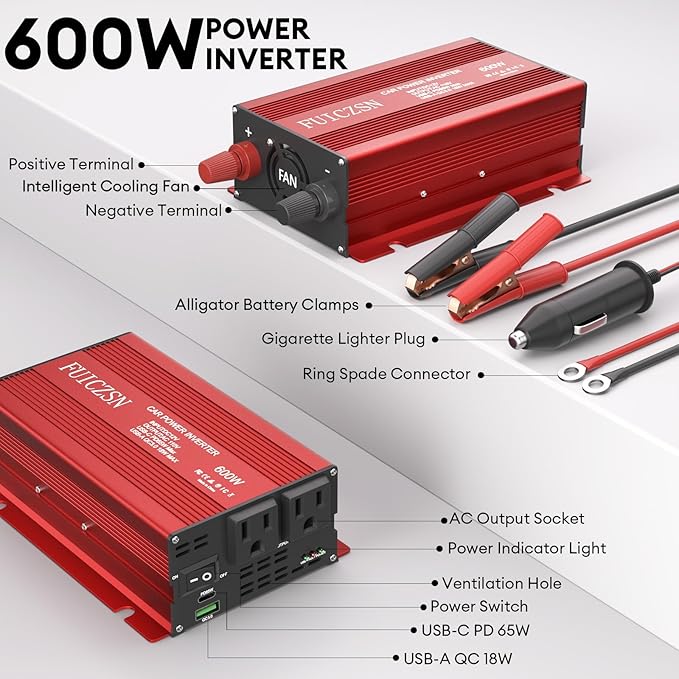 600W Car Power Inverter 12V DC to 110V AC Car Plug Adapter Outlet Converter with 2 AC Outlets and 65W PD USB-C & 18W QC USB-A Fast Charging Ports Power Inverters for Vehicles(Red)