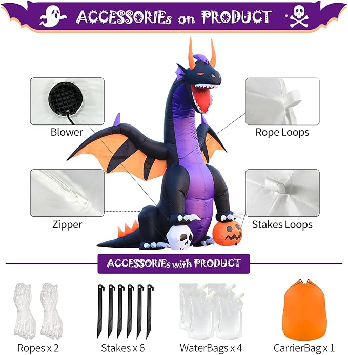 DomKom Halloween Inflatable Blow Up Decorations, 7FT Dragon Steps on Pumpkin and Skull, Built-in LEDs for Holiday Party, Garden, Lawn, Yard, Patio Décor