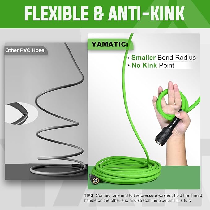YAMATIC Durable Pressure Washer Hose 50FT, 3400 PSI 1/4'' Power Washer Hose Replacement for Gas&Electric Washer, Wear Resistant Extension Leak-Free M22 Fittings, Green