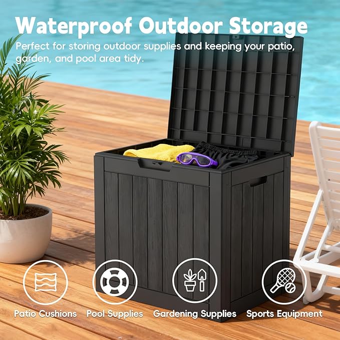 Outdoor Storage Box, 35 Gallon Deck Box Waterproof, Resin Patio Storage Bin for Package Delivery, Patio Furniture Cushion, Garden Tools, Pool Accessories, Weatherproof, Black