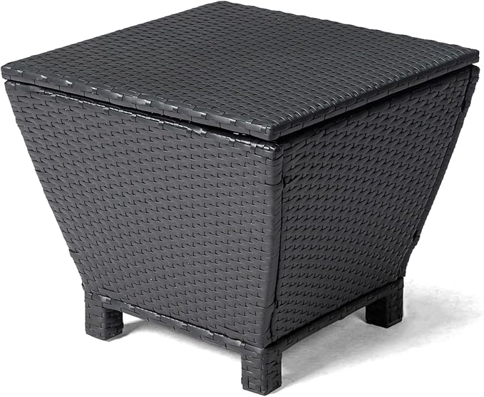 VINGLI 13 Gallon Outdoor Deck Box, Wicker Outdoor Storage Box with Lid, Small Storage Bin Container for Outside and Patio, Patio Rattan Side Table for Yard Porch (Black, Trapezoidal)