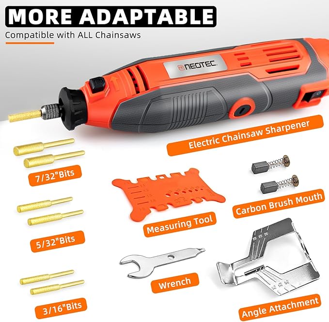 NEO-TEC Electric Chainsaw Sharpener Kit - High-Speed Chain Saw Sharpener Tool with 6 Pcs Chainsaw Chain Sharpener Titanium-Plated Diamond Bits, 3 File Size Diamond Sharpening Wheels for All Chainsaw