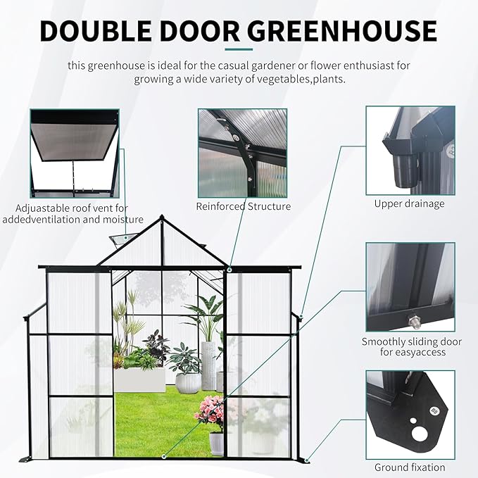 Favfurish 8X10 FT Greenhouses for Outdoors,Double Sliding Door Polycarbonate Greenhouse,Heavy Duty Walk-in Garden Plants Green House, Drainage System & Galvanized Frame for Outside Backyard, Black