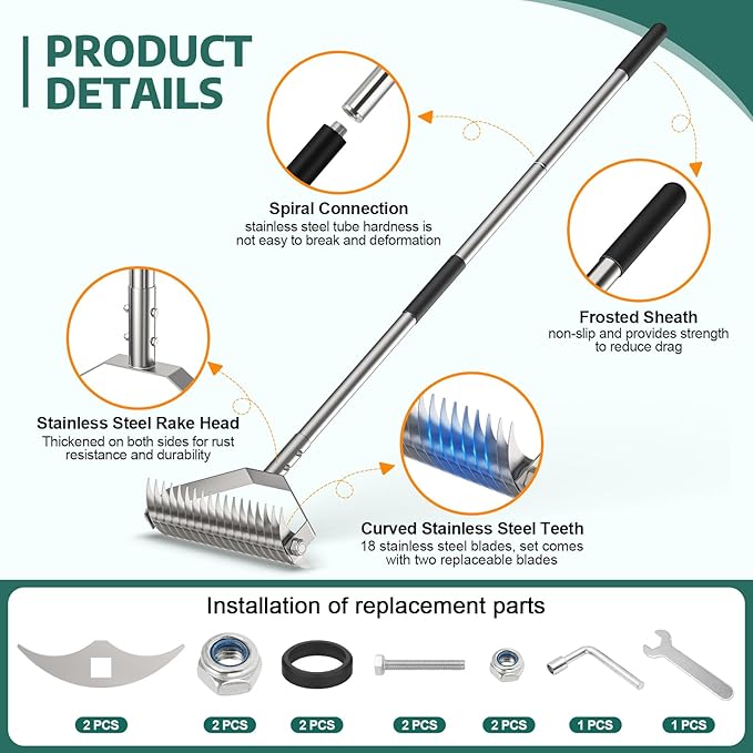 Thatch Rakes for Lawns,14.2-Inch Thatching Rake,304 Stainless Steel Dethatcher Rake with Adjustable Handle and 2 Extra Replaceable Blades,Heavy Duty Rakes for Cleaning Dead Grass and Loosening Soil