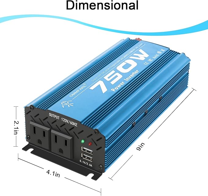 750W Modified Sine Wave Power Inverter DC 12V to AC 110V, Peak 1500 Watt, Car Plug Inverter Adapter Power Converter with 4.2A Dual USB Charging Ports and 2 AC Outlets Car Charger Blue