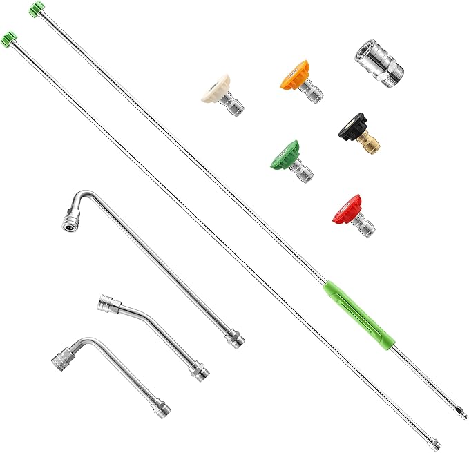 Pressure Washer Extension Wand, 120" Stainless Steel Power Washer Lance With Molded Grip, 30°, 90°, 120° Curved Rod, 5 Spray Nozzle Tips, 1/4" Quick Connect, 4000 PSI