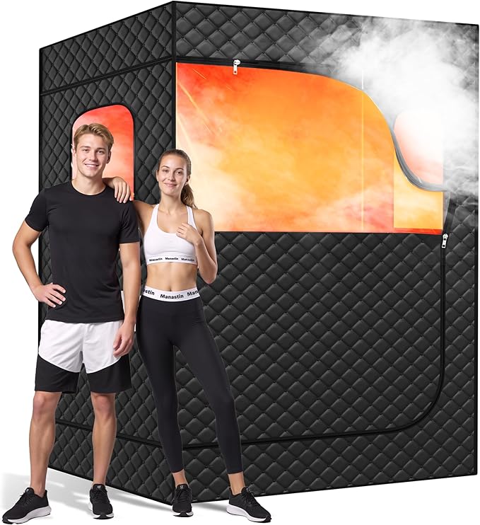 Manastin 2 Person Portable Steam Sauna for Home, 1 or 2 Person Full Body Home Spa with 2 Foldable Chairs,9 Levels of Sauna Box with Remote Control, (Black, Large)