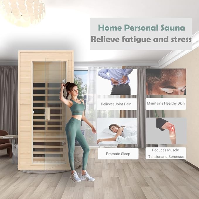 1 Person Infrared Sauna, Home Sauna, Hemlock Wood Far Infrared Sauna, 1,200watt, Low EMF FAR Infrared with Bluetooth, LCD, LED Lights, for Home Indoor