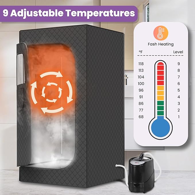 Portable Sauna for Home, EASYINBEAUTY Large Size Home Sauna Box with 3L 1200W Steamer, 9 Levels Heat, Remote Control - Personal Steam Room Tent for Full Body Relaxation (2.9'Lx2.9'Wx5.9'H, Black)