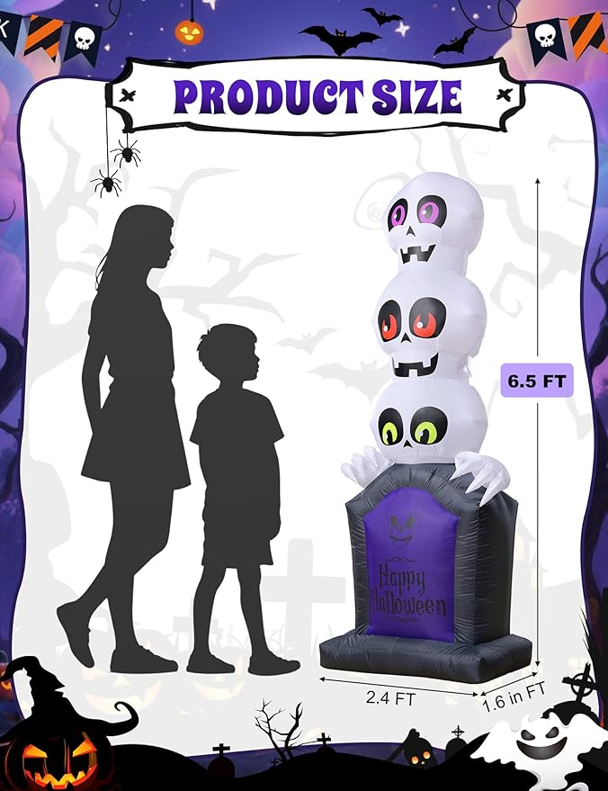 Halloween Inflatables Outdoor Decoration, 6.5FT Pumpkin/Tombstone/Black Cat/Ghost Tree, Cute Blow Up Yard Decor, for Outside Garage Door Graveyard Yard Porch Lawn (6.5FT Ghost+Tombstone)