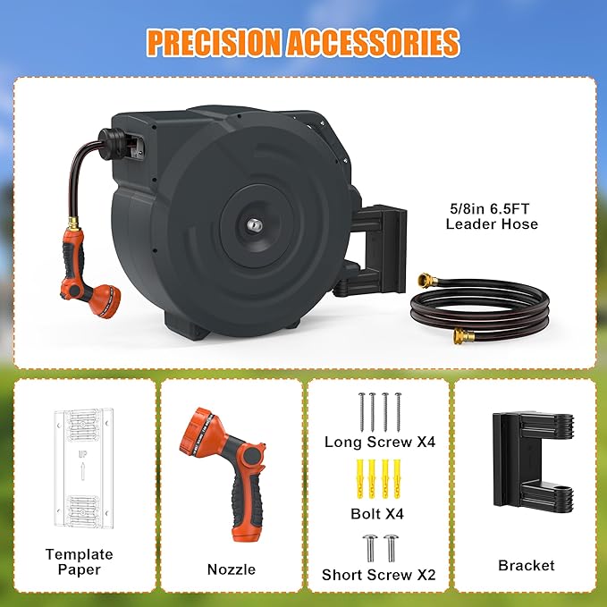 NEOTEC Retractable Garden Hose Reel 1/2 inch x 150ft - Wall Mounted Heavy Duty Hose Reel with 3/4 Inch Brass Fittings & 9-Pattern Nozzle - Auto Rewind System, Any Length Lock, 180° Swivel Bracket
