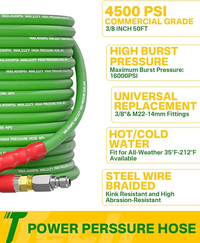 Pressure Washer Hose 50FT 3/8" for Cold and Hot Water 212°F, with Swivel Quick Connect, 4500PSI Kink Resistant Grade Steel Wire Braided, Power Washer Hose With 2pcs M22-14mm Adapter