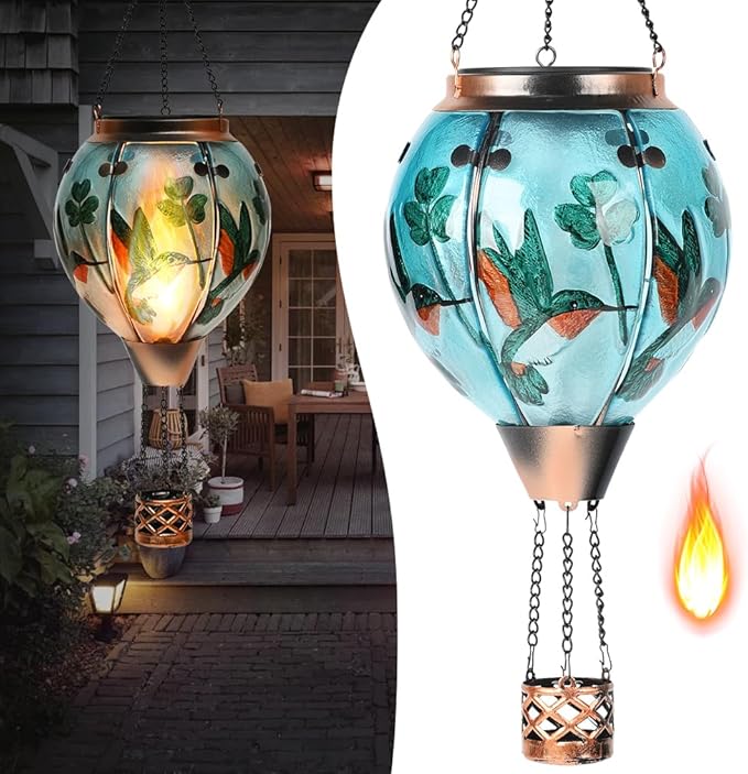 Hot Air Balloon Solar Lantern - Hummingbird Glass Lantern, Simulated Flickering & Dancing Flame, Outdoor Hanging Shamrock Yard Light Waterproof IP65 for Patio Lawn Porch Decor Irish Gift