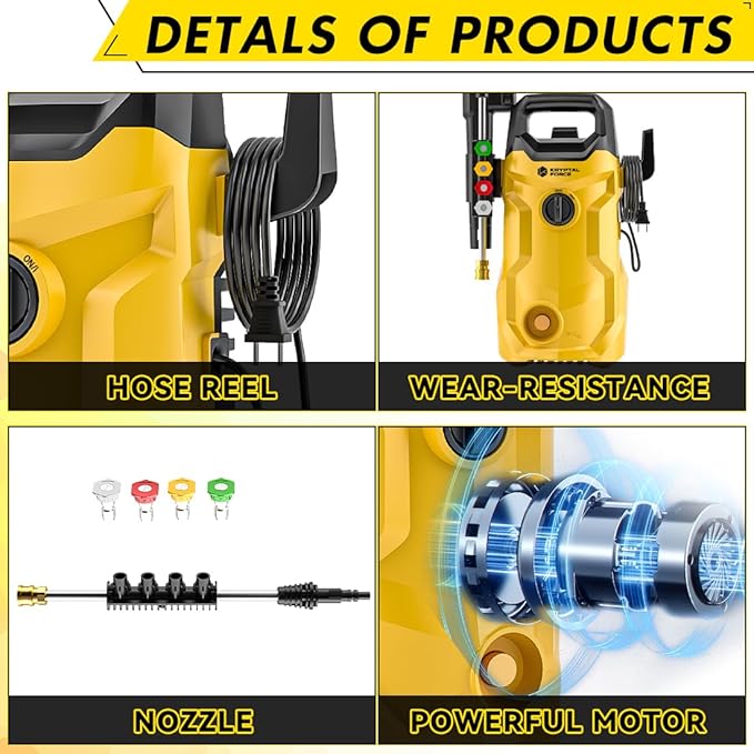 Electric Pressure Washer, Power Washer with Foam Cannon, High Pressure Cleaning Machine with 4 Quick Connect Nozzles for Cars/Fences/Driveways/Patios/Home Cleaning