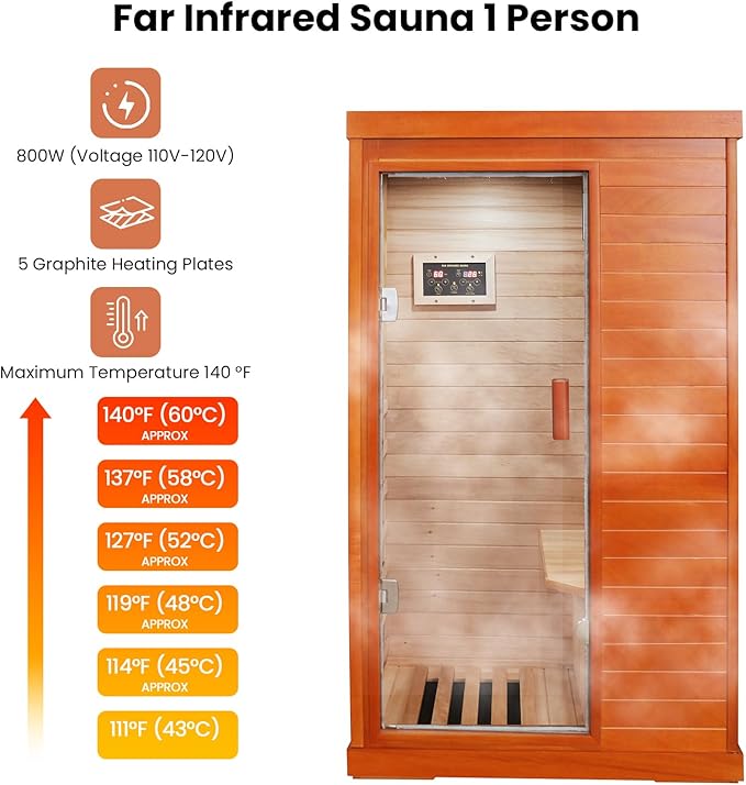Sauna, Far Infrared Saunas for Home One Person Sauna Okoume Wood 800W/110V Low Emf Dry Sauna Indoor Sauna Room with Tempered Glass Door/Speakers/Air Hole and LED Lighting - 35.2 * 27.6 * 61.6 in
