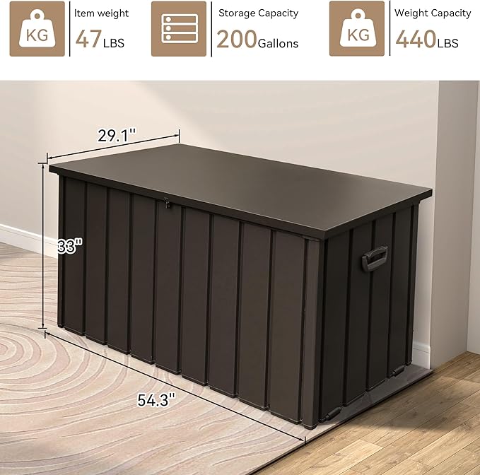 200 Gallon Deck Box, Outdoor Metal Storage Box Waterproof, Large Patio Furniture Storage Cabinet, Lockable Storage Chest for Porch, Pillows, Cushions, Pool, Tools, Backyard -Brown