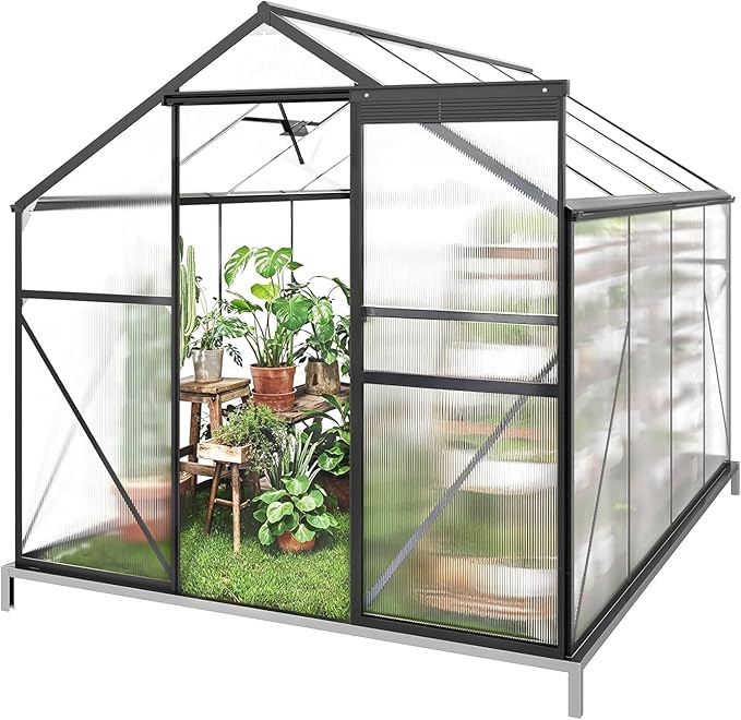 Gizoon 8x6 FT Outdoor Greenhouse, Polycarbonate Walk-in Garden House with Adjustable Roof Vent & Sliding Door, Aluminum Frame Garden Plant House for Backyard, Patio and Gardening (Black)
