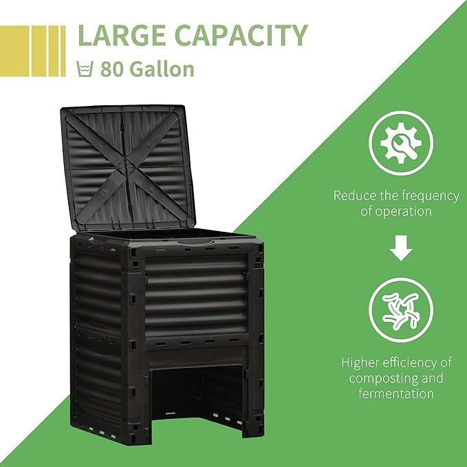 Compost Bin Outdoor 80 Gallon Garden Composter, with 48 Vents and Sliding Doors, Lightweight Outdoor Compost Box for Garden, Kitchen, and Yard Waste, Black