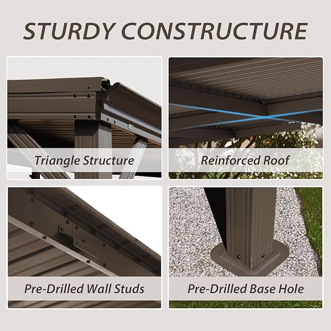 Domi 10'x12' Wall Mounted Hardtop Gazebo, Connectable Lean to Pergola with Gutters & Galvanized Steel Roof, 60MPH Wind Resistance, Outdoor Heavy Duty Metal Awning for Patio, Deck, Backyard - Brown