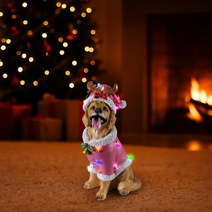 Christmas Outdoor Decoration Dog Statue, LED Light Cute Golden Retriever Dog Sculpture with Pink Santa Outfit & Lights for Garden and Yard, Indoor Holiday Décor Gift for mom and dad