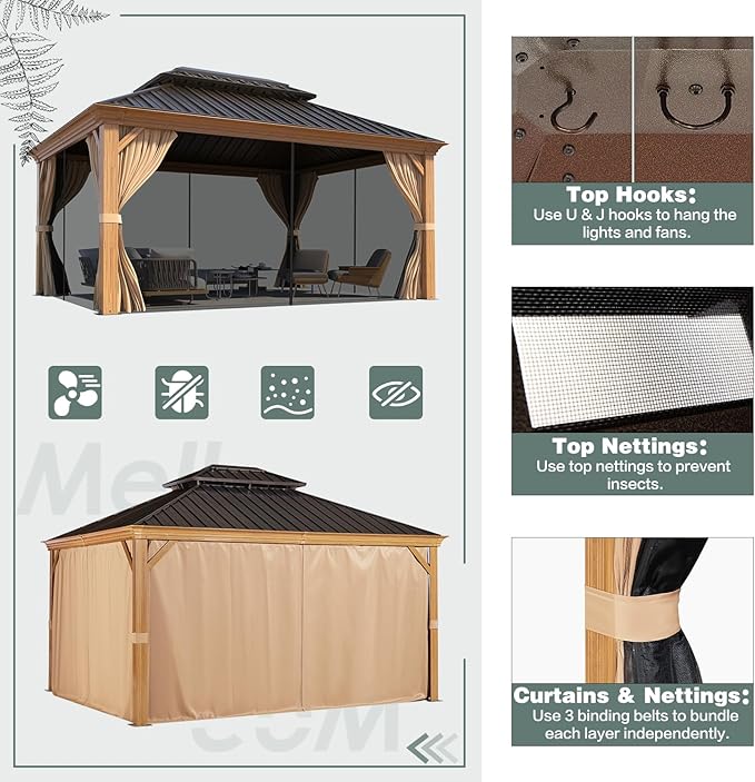 MELLCOM 12' x 14' Hardtop Gazebo, Wooden Finish Coated Aluminum Frame Gazebo with Galvanized Steel Double Roof, Outdoor Permanent Metal Pavilion with Curtains and Nettings for Patio, Lawn & Garden