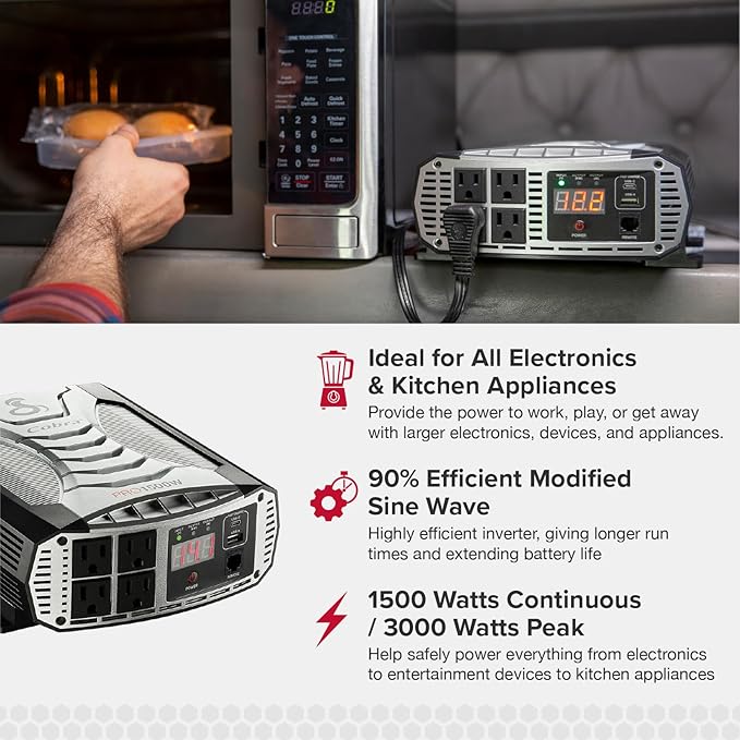 Cobra PRO 1500W Professional Grade Power Inverter, Portable – 1500-Watt Car Charger, 4 Grounded AC Outlets, 2 Fast Charge USB Ports and Remote Controller (CPIALCDG1) Compatible