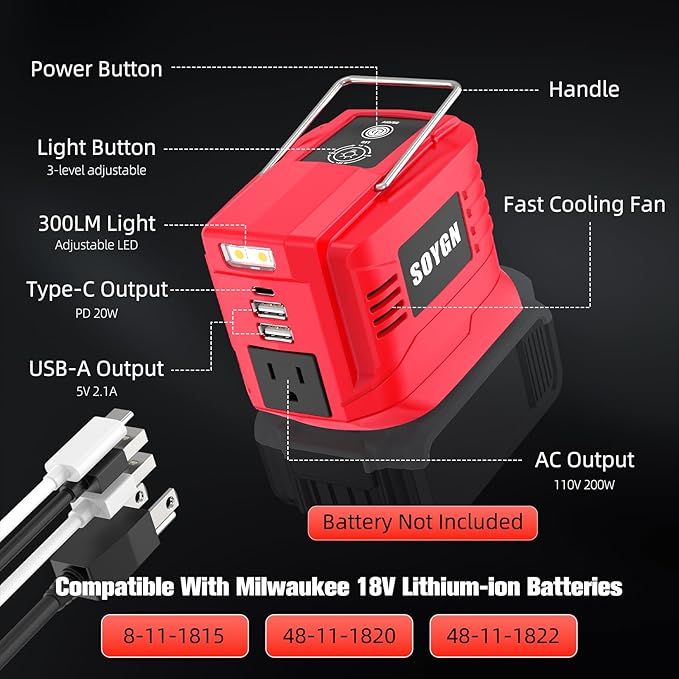 200W Power Inverter Compatible with Milwaukee 18V Battery, DC 18V to AC 110V Portable Power Station with 1 AC Outlet, 2 USB Ports & 1 Type-C Fast Charging, 200LM LED Work Light