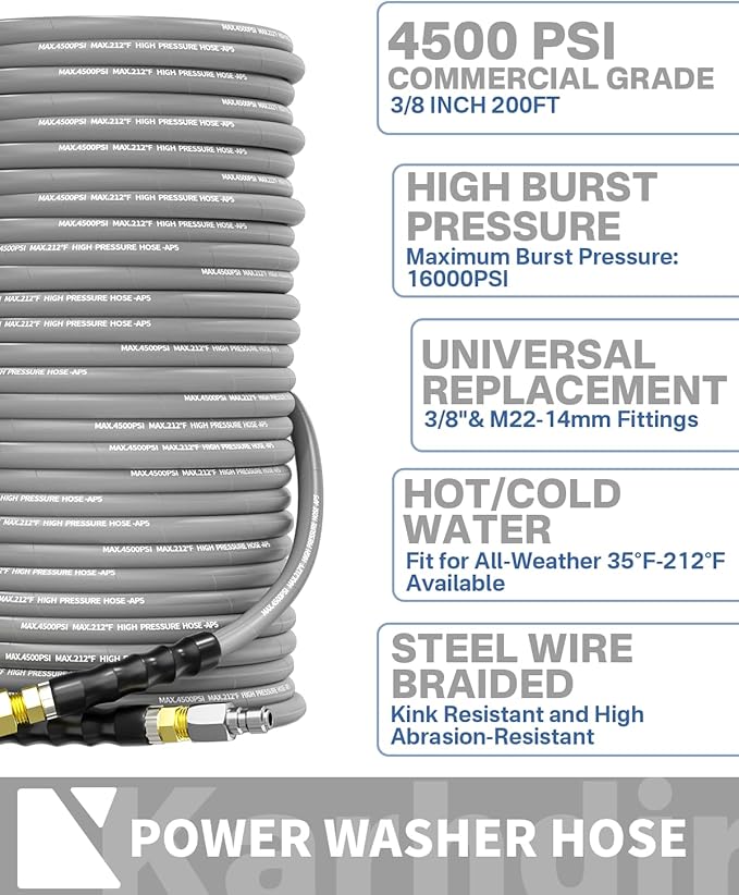 Pressure Washer Hose 200FT 3/8" for Cold and Hot Water 212°F, with Swivel Quick Connect, 4500PSI Kink Resistant Grade Steel Wire Braided, Power Washer Hose With 2pcs M22-14mm Adapter