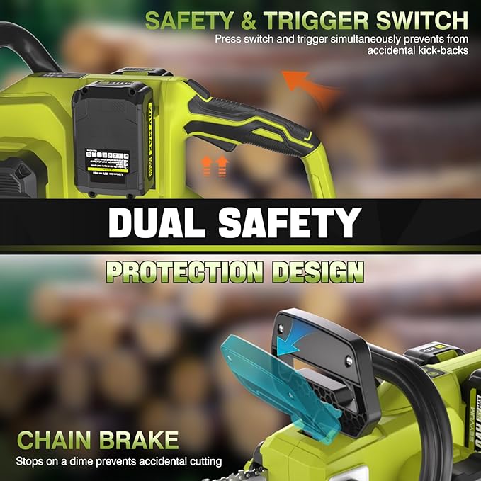 SEYVUM Brushless 40V 16 Inch Chainsaw with 2 x 4.0Ah Batteries, Electric Chain Saw Cordless with Tool-free Chain Tension, Auto Oiling, Heavy-Duty for Tree Felling, Firewood Cutting, Pruning