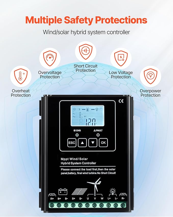 VEVOR 12V 400W Solar Wind Power Kit, 2PCS 100W Monocrystalline Solar Panels + 200W Wind Turbine + MPPT Wind/Solar Hybrid System Controller for Home RV Boat Camping Off-Grid Applications