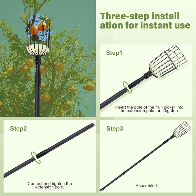 Fruit Picker Pole with Basket - 8.43FT(257CM) Adjustable Tree Gardening Supplies with Stainless Steel Handle Apple Picker Fruit Grabber Reach Tool for Mango Pear Orange Avocados Fruit Picking, Black